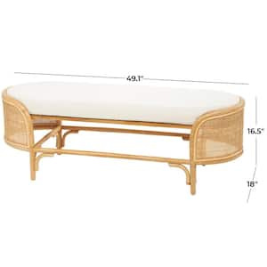 Brown Handmade Oval Dining Bench with White Fabric Cushion 17 in. x 49 in. x 18 in.