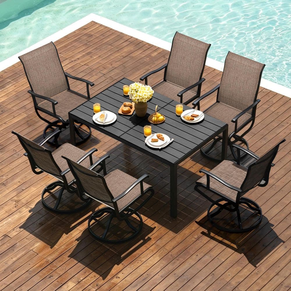 7-Piece Metal Outdoor Dining Set with 6 Brown Swivel Patio Chairs and Rectangular Table, Patio Dining Table (Set for 6)