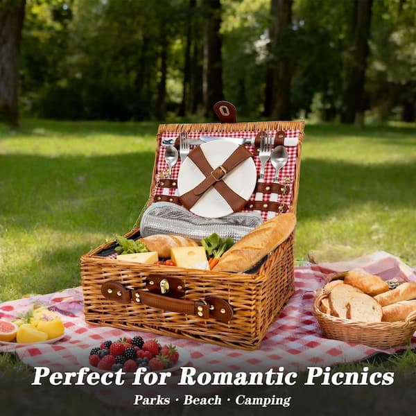 Numhew Natural Wicker 1-Piece Picnic Basket Set with Insulated