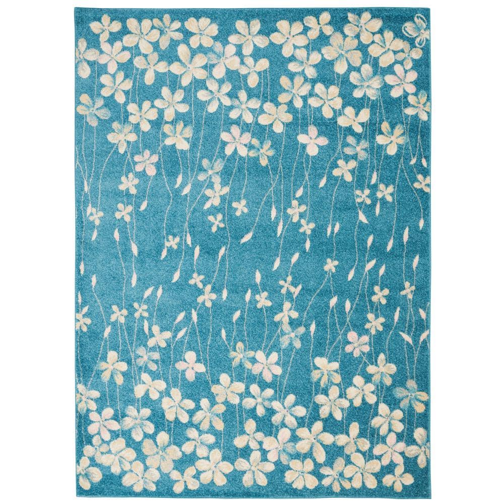 Tranquil Turquoise Floral Viscose 5'3" x 7'3" Area Rug