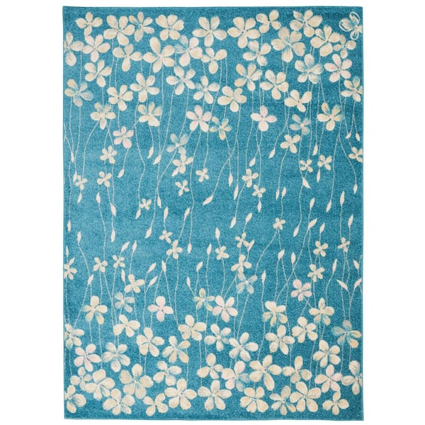 Nourison Tranquil Turquoise 5 ft. x 7 ft. Floral Contemporary Area Rug