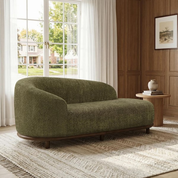 Green Modern Curved Boucle Polyester Chaise Lounge with Solid Rubber Wood Base