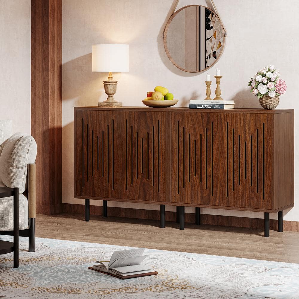 Brown Oak Wood 63'' Modern Sideboard Buffet Cabinet with Metal Legs