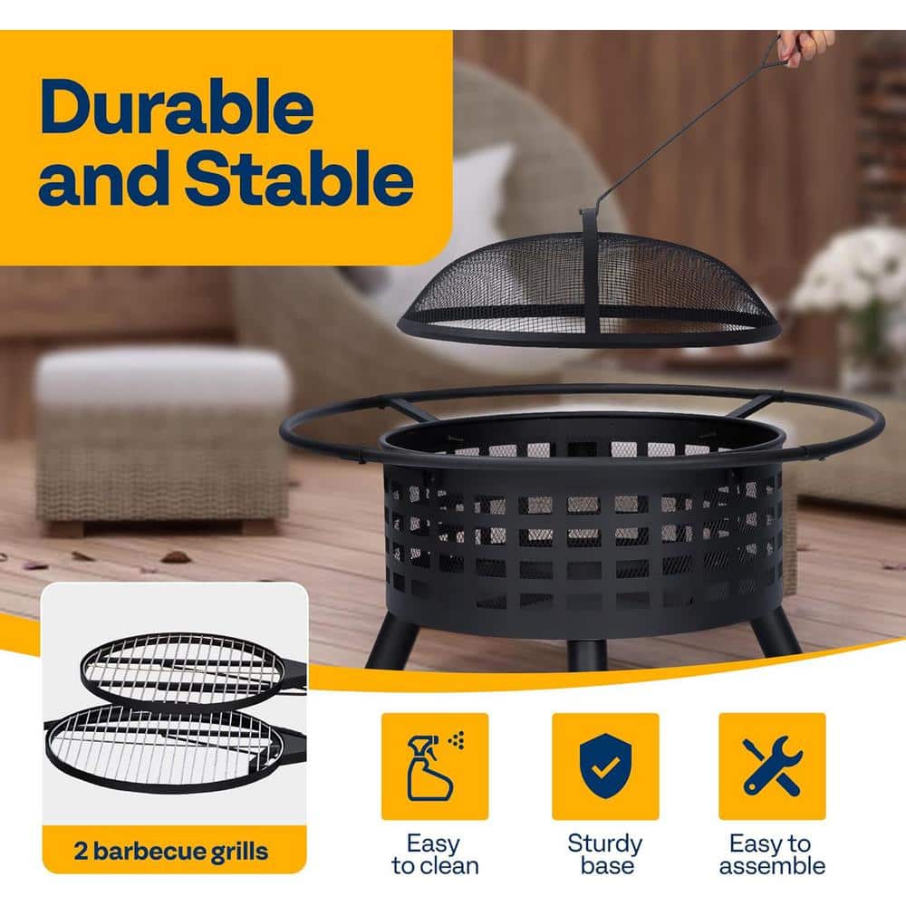 36-Inch Black Metal Round Fire Pit with Dual Grills