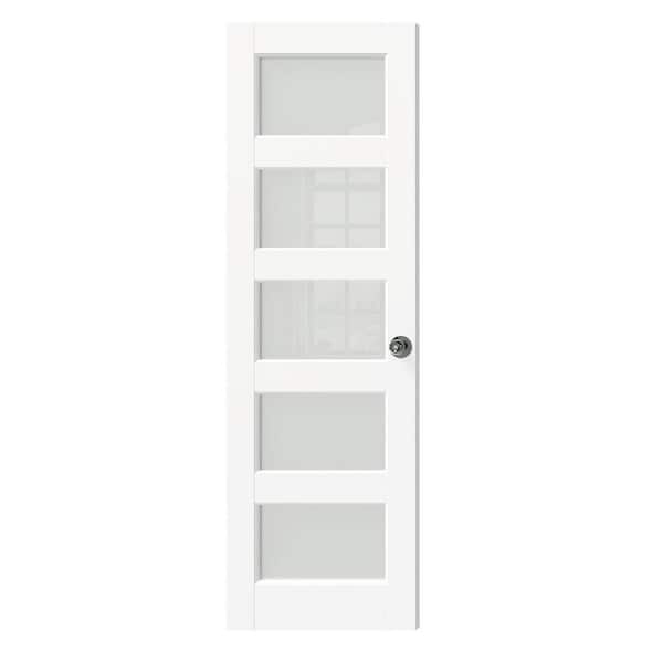 TENONER 24 in. x 80 in. MDF Composite, Primed, White, 5 Lite, Frosted Glass Interior Door Slab with Black Goal Doorknob