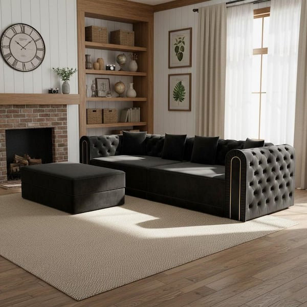 YSB 90.6 in. Ebony Black Tufted 3-in-1 Convertible King Size Sleeper Sofa Bed with Ottoman and Wide Armrests