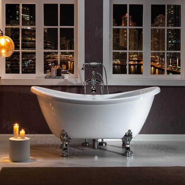 WOODBRIDGE Seattle 59 in. Heavy Duty Acrylic Slipper Clawfoot Bath Tub in White, Claw Feet, Drain & Overflow in Chrome