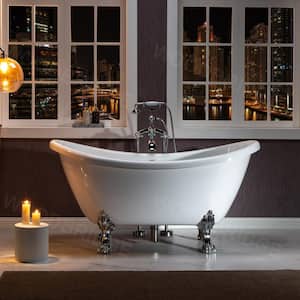 Loft 59 in. Acrylic Freestanding Double Slipper Soaking Bathtub with Drain and Overflow Included in White