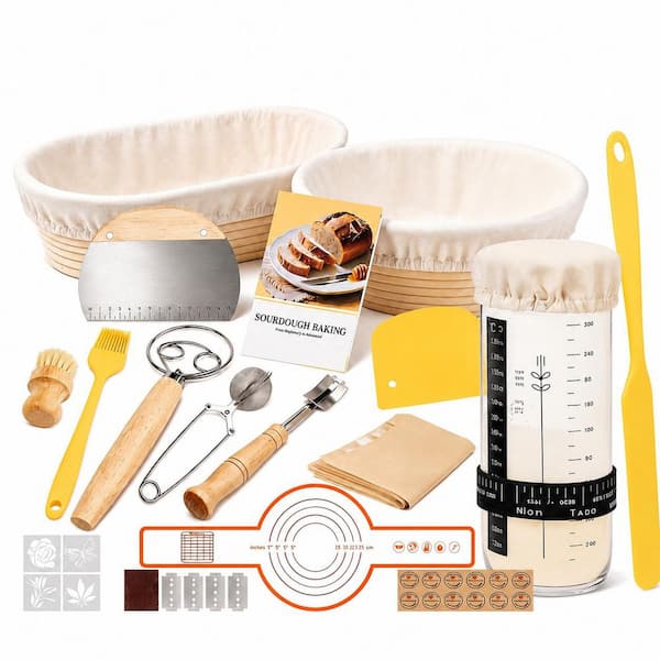 Natural Rattan Sourdough Starter Kit with Round and Oval Banneton Proofing Baskets and Baking Tools