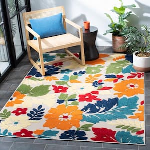 Cabana Ivory/Orange 7 ft. x 7 ft. Floral Liberty Indoor/Outdoor Patio  Square Area Rug