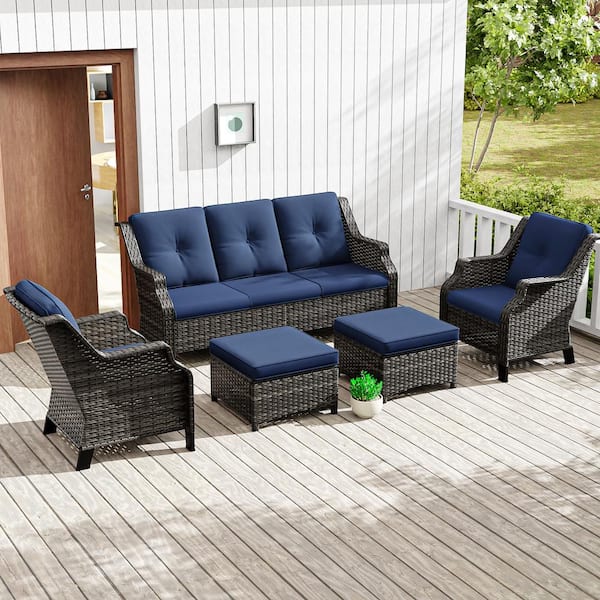 JOYSIDE 5-Piece Wicker Outdoor Patio Conversation Set Sectional Couch and Ottomans with Blue Cushions