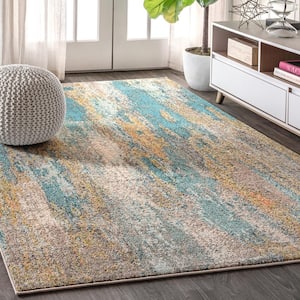 Contemporary Blue/Brown/Orange 9 ft. x 12 ft. Pop Modern Abstract Vintage Waterfall Area Rug