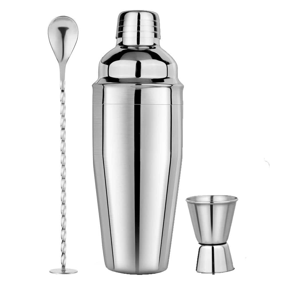 3 in 1 25 oz. Silver Stainless Steel 1-Piece Cocktail Shaker with Measuring