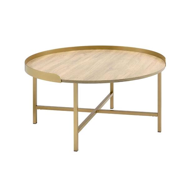 Acme Furniture 34 In Mithea Round Oak Tabletop And Gold Finish Wood Coffee Table 82335 The Home Depot Acme Furniture 34 In Mithea Round Oak, Round Wood Table Tops Home Depot