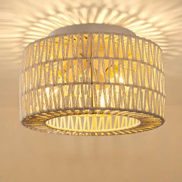 YANSUN 11.8 in. 3-Light White Rattan Flush Mount Ceiling Light for Hallway, Bedroom or Living Room