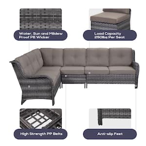 3-Piece Gray Wicker Fire Pit Conversation Set with Olefin Gray Cushions and L-Shaped Sofa/Fire Pit Table