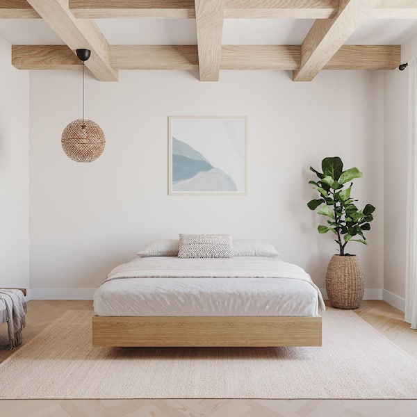 Beige Wood Frame King Size Platform Bed