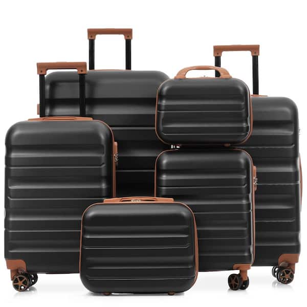 6 or more Bags 6-Piece Black Brown ABS Hardshell 12"14"16"20"24"28" Dual Spinner Luggage Set, Carry-on & Check-in Size