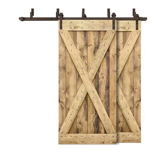 CALHOME 88 in. x 84 in. X Bypass Weather Oak Stained DIY Solid Wood Interior Double Sliding Barn Door with Hardware Kit