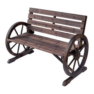 Rustic Wooden Outdoor Patio Wagon Wheel Bench Seat with Unique Rustic Style and Durable Fir Wood Construction