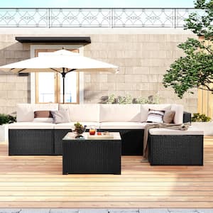 6-Piece Outdoor Patio Furniture Sets Wicker Conversation Set Rattan Sectional Sofa Set w/Table, Beige Chairs & Cushion