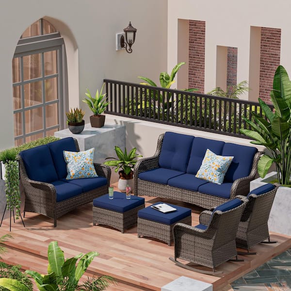 Brown 6-Piece Wicker Outdoor Patio Conversation Set with Blue Cushions and Rocking Chairs