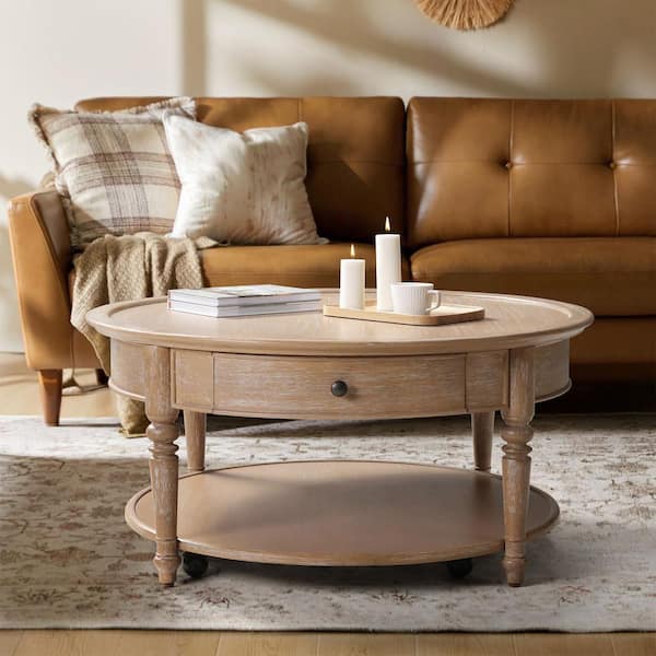 Valente 39.5 in. Natural Round Traditional Wood Coffee Table with Drawer Storage
