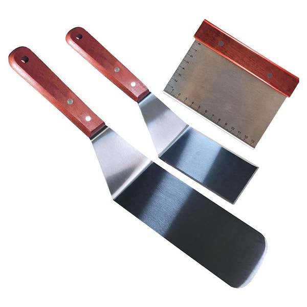 3-Piece Stainless Steel BBQ Griddle Spatula Set with Solid Wood Handles for Grill Flipping and Scraping