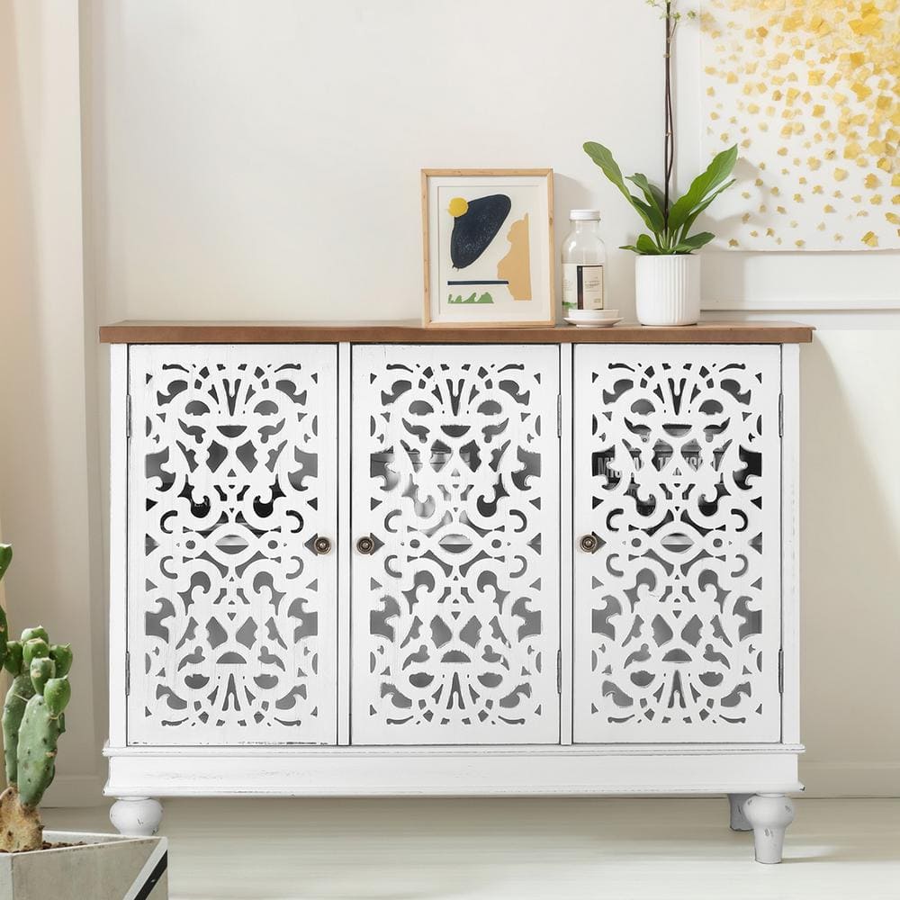 White 3-Door Carved Wood Sideboard with Adjustable Shelving