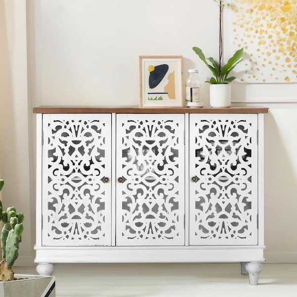 PHI VILLA White Hollow-Carved Cabinet with 3-Door