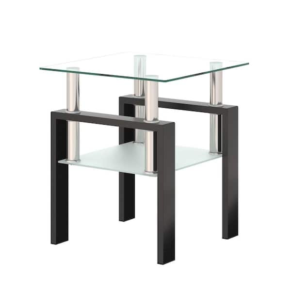 Angel Sar 1-Piece 17.72 in. Modern Square Tempered Glass End Table with Metal Leg for Living Room, Transparent and Black