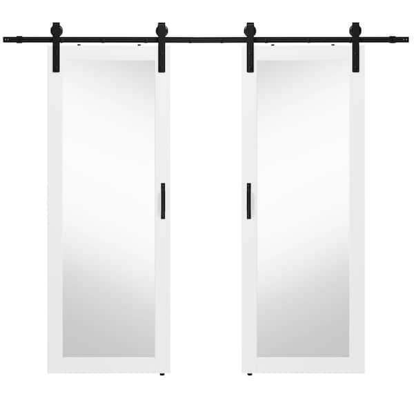 60 in. x 84 in. (Double 30 in. Doors) 1 Lite, Mirrored Glass, White, Finished, MDF Sliding Barn Door with Hardware Kit
