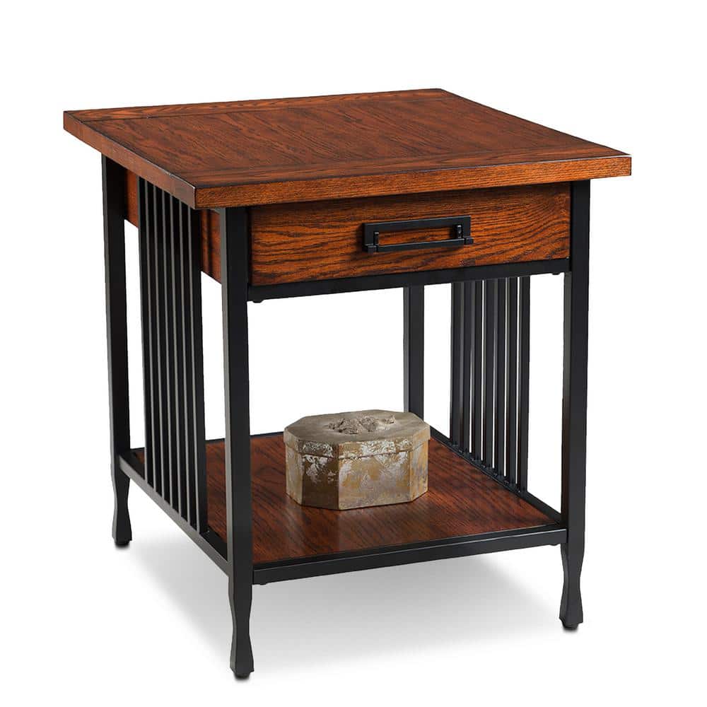 Ironcraft Mission Oak & Matte Black Wood End Table with Drawer