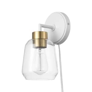 Avery 1-Light Matte White Plug-In or Hardwire Wall Sconce with Matte Brass Socket and Clear Glass Shade