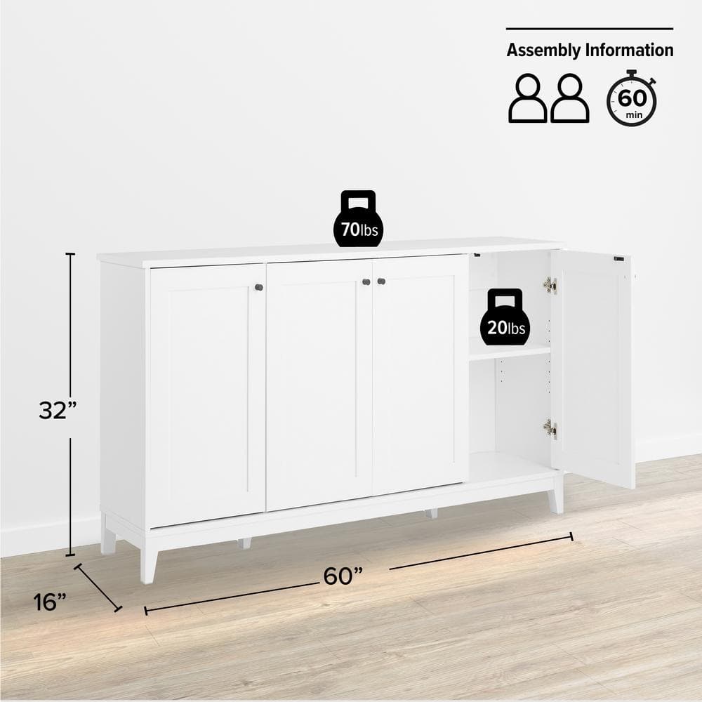 White Pine 4-Door Freestanding Accent Cabinet with Adjustable Shelves
