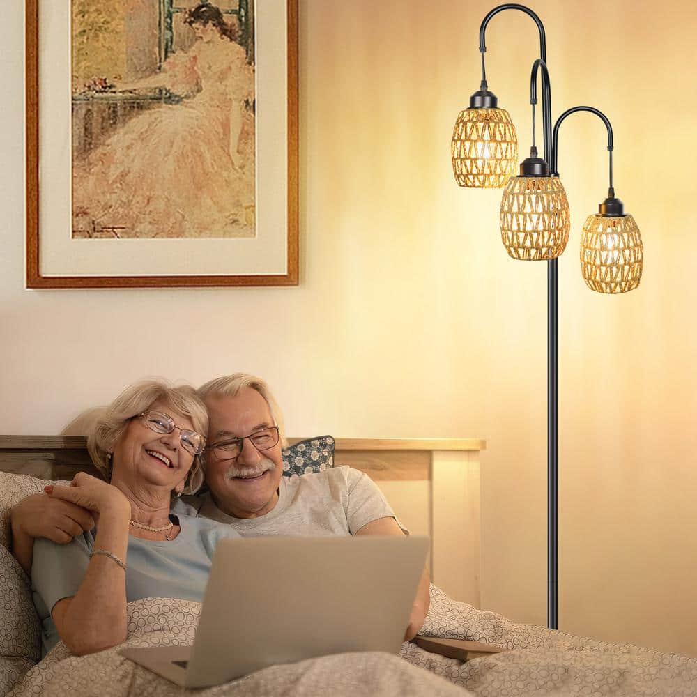 Black Metal Arc Floor Lamp with Rattan Shades