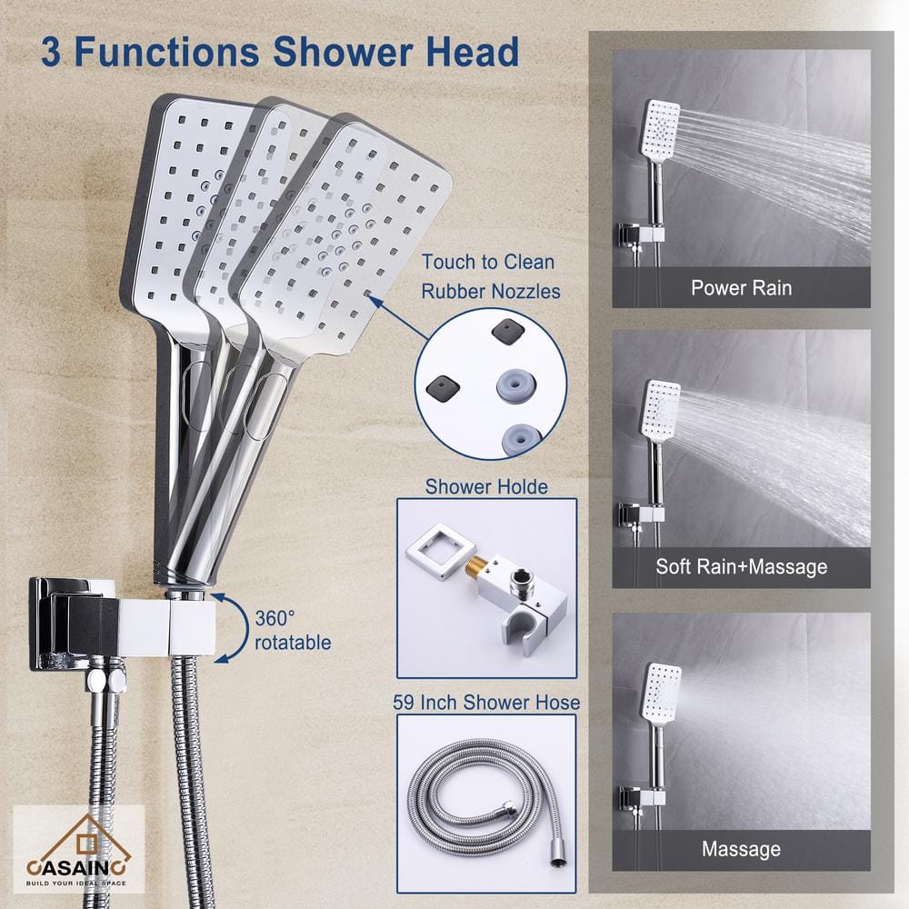 Chrome 10" Square Wall Mounted Rainfall Shower System with Handheld