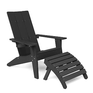 Oversize Modern Black Plastic Outdoor Patio Adirondack Chair with Folding Ottoman