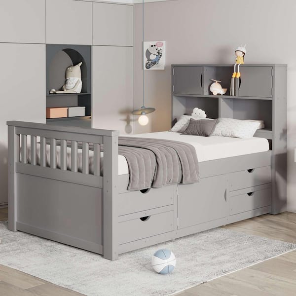 Gray Pine Wood Frame Twin Platform Bed with Storage Bookcases, Shelves and 4-Drawers