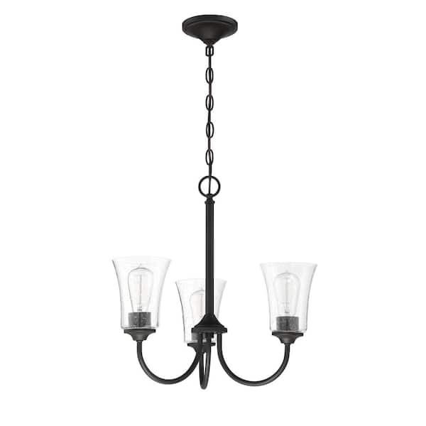 CRAFTMADE Gwyneth 3-Light Flat Black Finish with Seeded Glass Transitional Chandelier for Kitchen/Dining/Foyer No Bulb Included