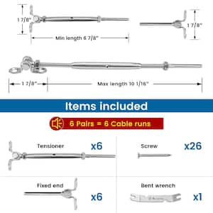 6 Pairs 180° Adjustable Stainless Steel Cable Railing Kit, 1/8 in. Swage Toggle Turnbuckle Hardware