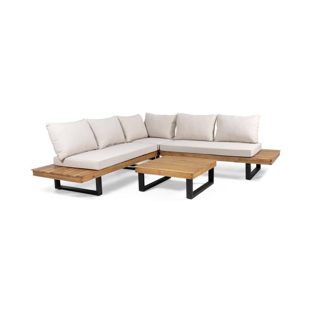 Teak Brown Four-Seater Sectional with Beige Cushions and Coffee Table