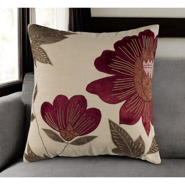 HomeRoots Beige, Red Floral Polyester 18 in. x 18 in. Throw Pillow