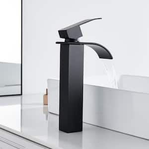 Waterfall Single-Hole Single-Handle Tall Bathroom Vessel Sink Faucet with Supply Lines in Matte Black