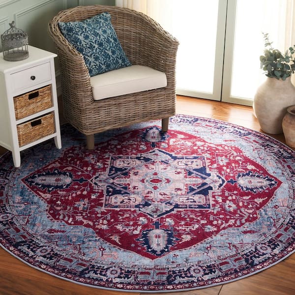 Tucson Red/Navy 4 ft. x 4 ft. Machine Washable Medallion Ornate Round Area Rug