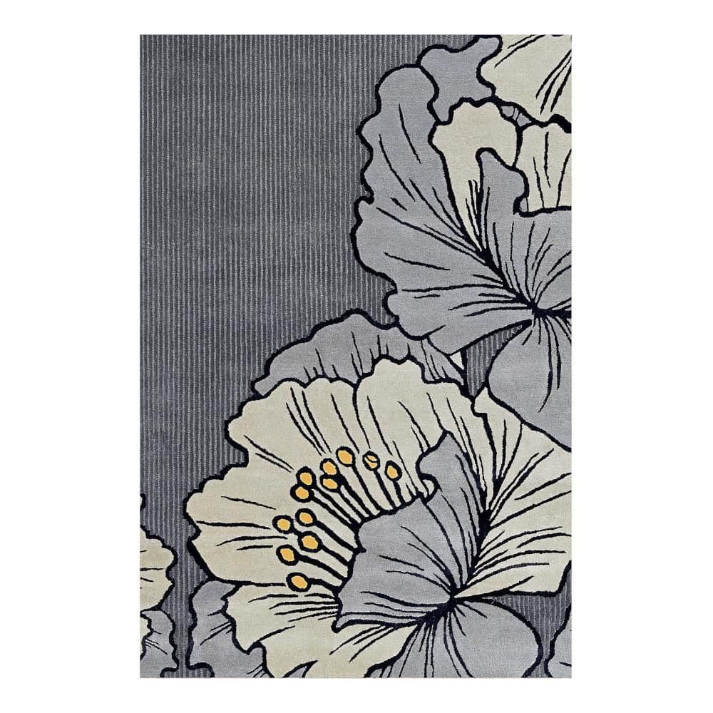 Gray Floral Handmade Wool and Viscose 6' x 9' Area Rug