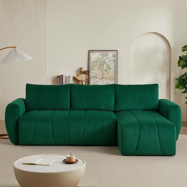 Boyel Living 105.2 in. Wide Straight Arm Corduroy L-Shaped Minimalist Style Modular Sectional Sofa Set in Green with Fixed Cushions