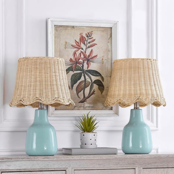 16.5 in. Blue Modern Ceramic Bedroom Living Room Bedside Desk Small Table Lamps With Rattan Shade Set of 2