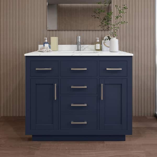 Wyndham Collection Beckett TK 42 in. W x 22 in. D x 35 in. H Single Bath Vanity in Dark Blue with Giotto Quartz Top