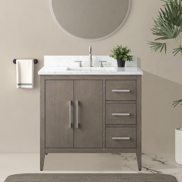 36 in. W x 22 in. D x 34 in. H Single Sink Bathroom Vanity Cabinet in Driftwood Gray with Engineered Marble Top